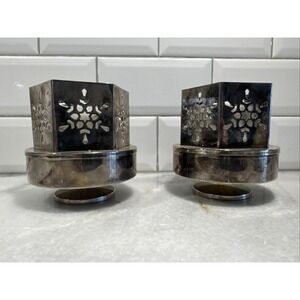 Vintage Set Of 2 Silver Snowflake Candleholders Music Box Plays Silent Night